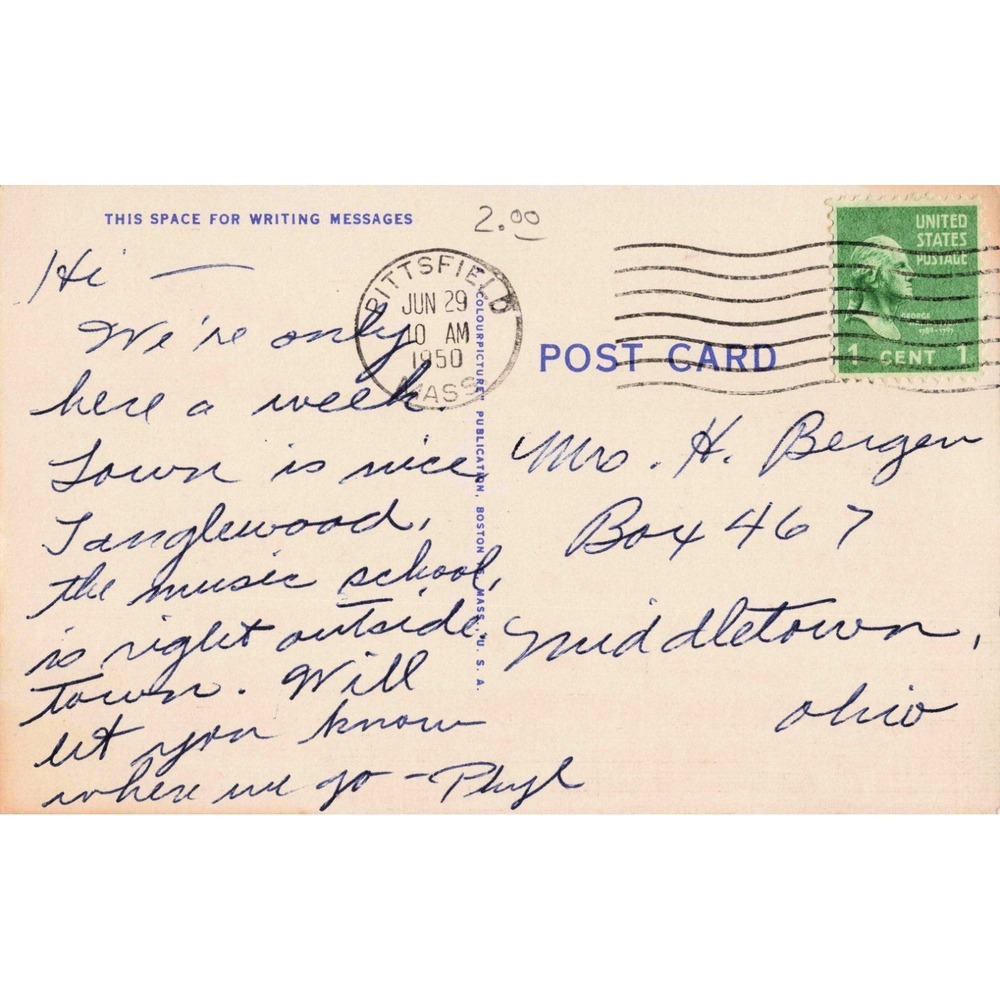 Vintage 1950 Sheraton Hotel Pittsfield Massachusetts Linen Postcard Posted VG+ - Picture 2 of 2